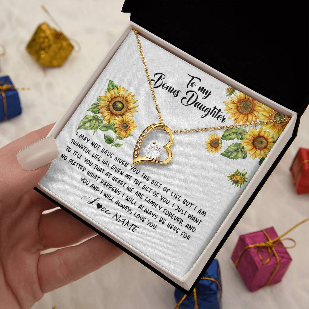 Forever Love Necklace 18K Yellow Gold Finish | 2 | Personalized To My Bonus Daughter Necklace From Stepdad Stepmom Sunflower Unbiological Daughter Stepdaughter On Her Birthday Gifts Christmas Message Card | siriusteestore