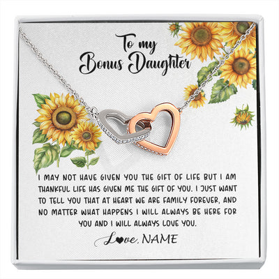 Interlocking Hearts Necklace Stainless Steel & Rose Gold Finish | 1 | Personalized To My Bonus Daughter Necklace From Stepdad Stepmom Sunflower Unbiological Daughter Stepdaughter On Her Birthday Gifts Christmas Message Card | siriusteestore