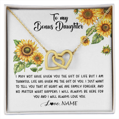 Interlocking Hearts Necklace 18K Yellow Gold Finish | 1 | Personalized To My Bonus Daughter Necklace From Stepdad Stepmom Sunflower Unbiological Daughter Stepdaughter On Her Birthday Gifts Christmas Message Card | siriusteestore