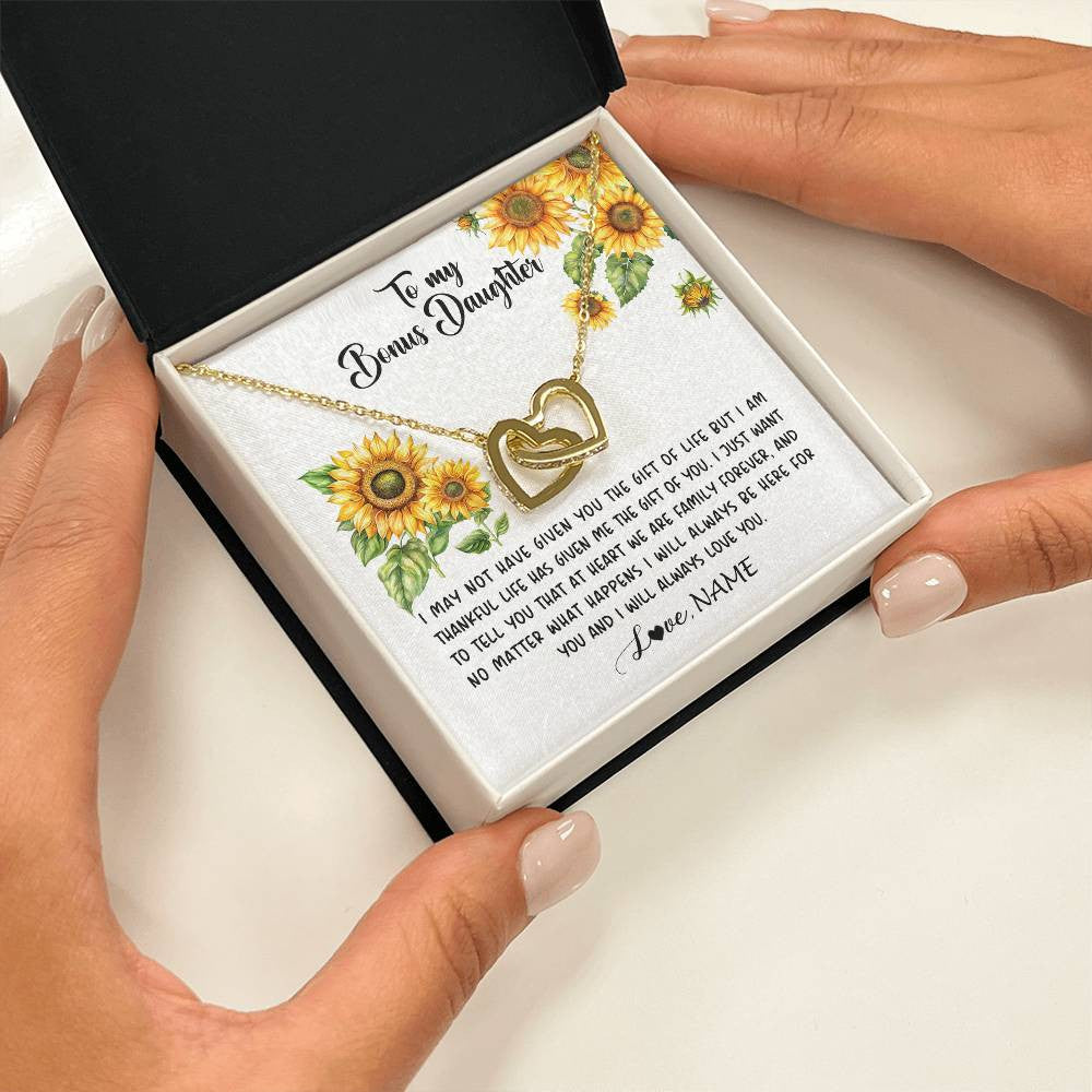 Interlocking Hearts Necklace 18K Yellow Gold Finish | 2 | Personalized To My Bonus Daughter Necklace From Stepdad Stepmom Sunflower Unbiological Daughter Stepdaughter On Her Birthday Gifts Christmas Message Card | siriusteestore