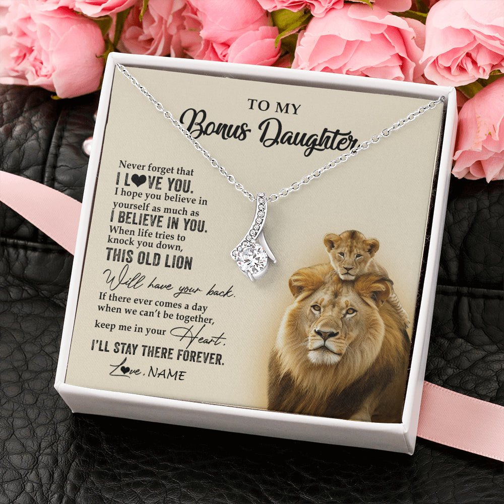 Alluring Beauty Necklace 14K White Gold Finish | 2 | Personalized To My Bonus Daughter Necklace From Stepdad This Old Lion Never Forget I Love You Stepdaughter Birthday Christmas Customized Gift Box Message Card | siriusteestore