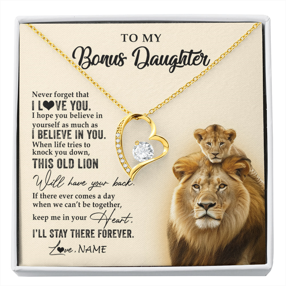 Forever Love Necklace 18K Yellow Gold Finish | 1 | Personalized To My Bonus Daughter Necklace From Stepdad This Old Lion Never Forget I Love You Stepdaughter Birthday Christmas Customized Gift Box Message Card | siriusteestore
