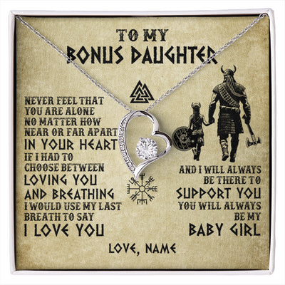 Forever Love Necklace 14K White Gold Finish | 1 | Personalized To My Bonus Daughter Necklace From Stepdad Viking Never Feel That You Are Alone Viking Stepdaughter Christmas Customized Gift Box Message Card | siriusteestore