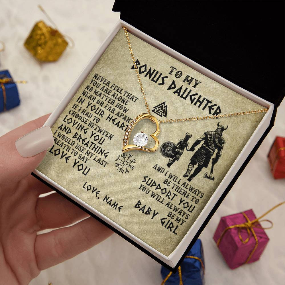Forever Love Necklace 18K Yellow Gold Finish | 2 | Personalized To My Bonus Daughter Necklace From Stepdad Viking Never Feel That You Are Alone Viking Stepdaughter Christmas Customized Gift Box Message Card | siriusteestore