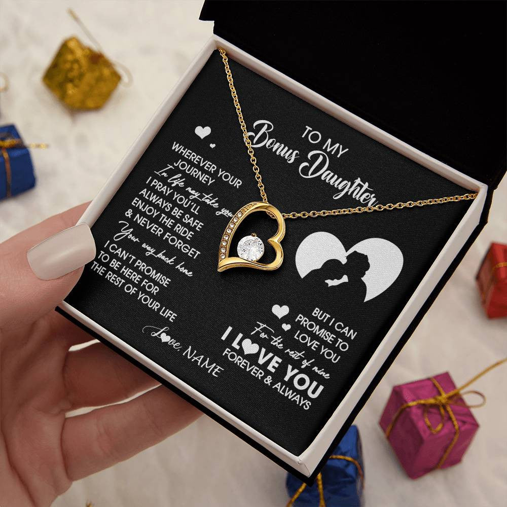 Forever Love Necklace 18K Yellow Gold Finish | 2 | Personalized To My Bonus Daughter Necklace From Stepdad Wherever Your Journey Stepdaughter Birthday Gifts Graduation Christmas Customized Gift Box Message Card | siriusteestore