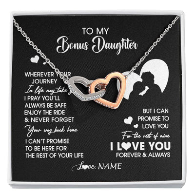 Interlocking Hearts Necklace Stainless Steel & Rose Gold Finish | 1 | Personalized To My Bonus Daughter Necklace From Stepdad Wherever Your Journey Stepdaughter Birthday Gifts Graduation Christmas Customized Gift Box Message Card | siriusteestore