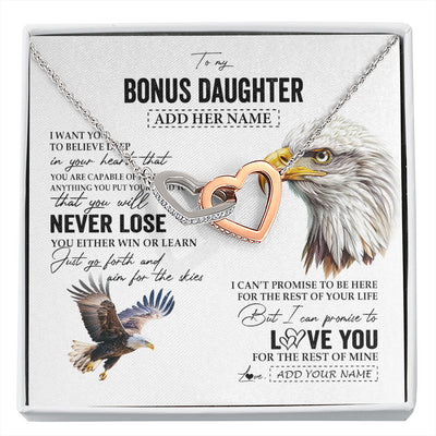 Interlocking Hearts Necklace Stainless Steel & Rose Gold Finish | 1 | Personalized To My Bonus Daughter Necklace From Stepdad You Will Never Lose Eagle Stepdaughter Birthday Gifts Graduation Christmas Gift Box Message Card | siriusteestore