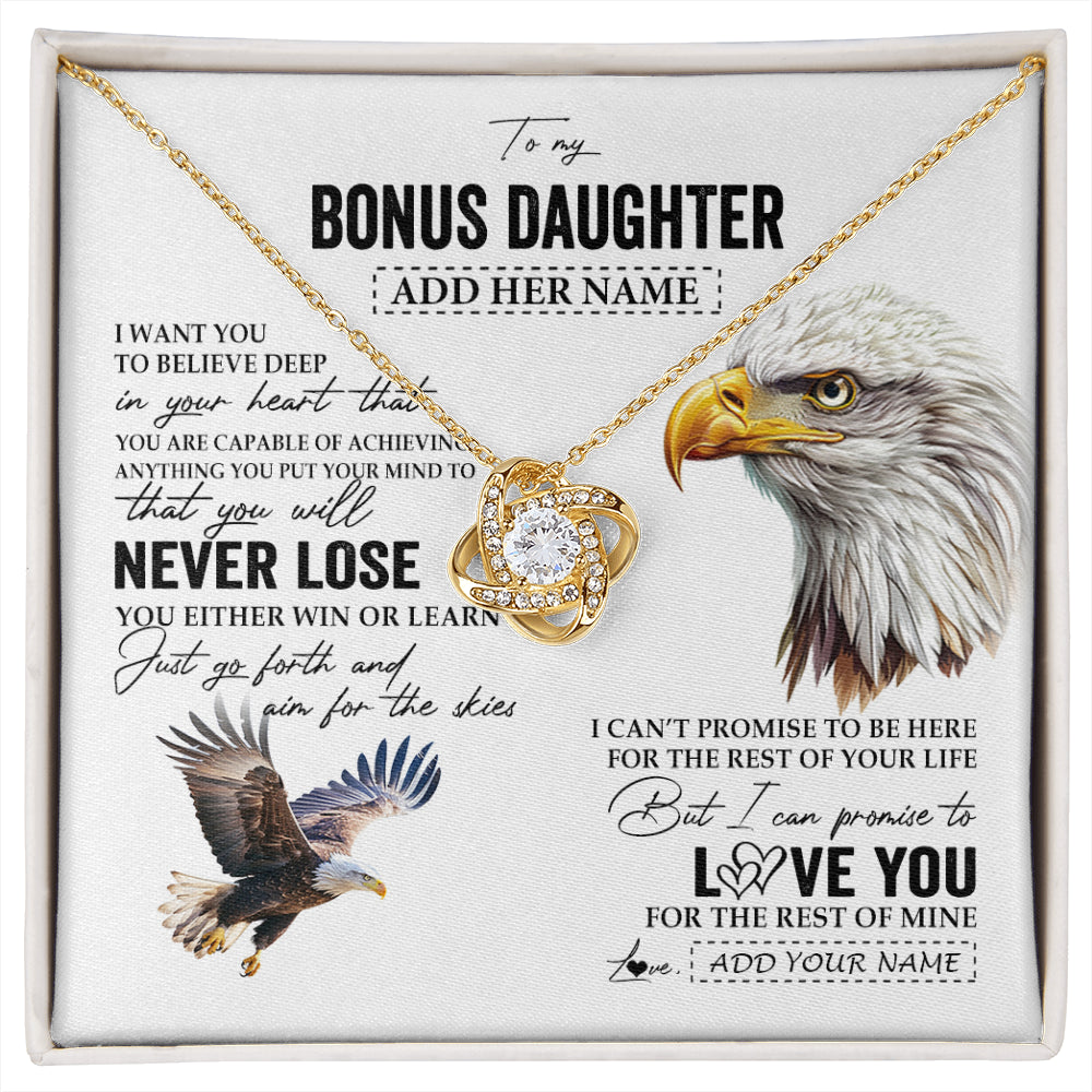 Love Knot Necklace 18K Yellow Gold Finish | 1 | Personalized To My Bonus Daughter Necklace From Stepdad You Will Never Lose Eagle Stepdaughter Birthday Gifts Graduation Christmas Gift Box Message Card | siriusteestore