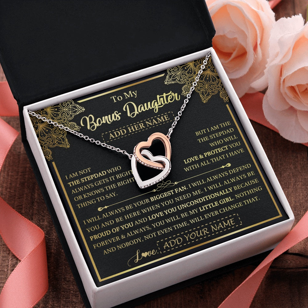 Interlocking Hearts Necklace Stainless Steel & Rose Gold Finish | 2 | Personalized To My Bonus Daughter Necklace From Stepdad Your Biggest Fan Birthday Gifts For Stepdaughter Gifts Christmas Jewelry Custom Gift Box Message Card | siriusteestore.myshopify