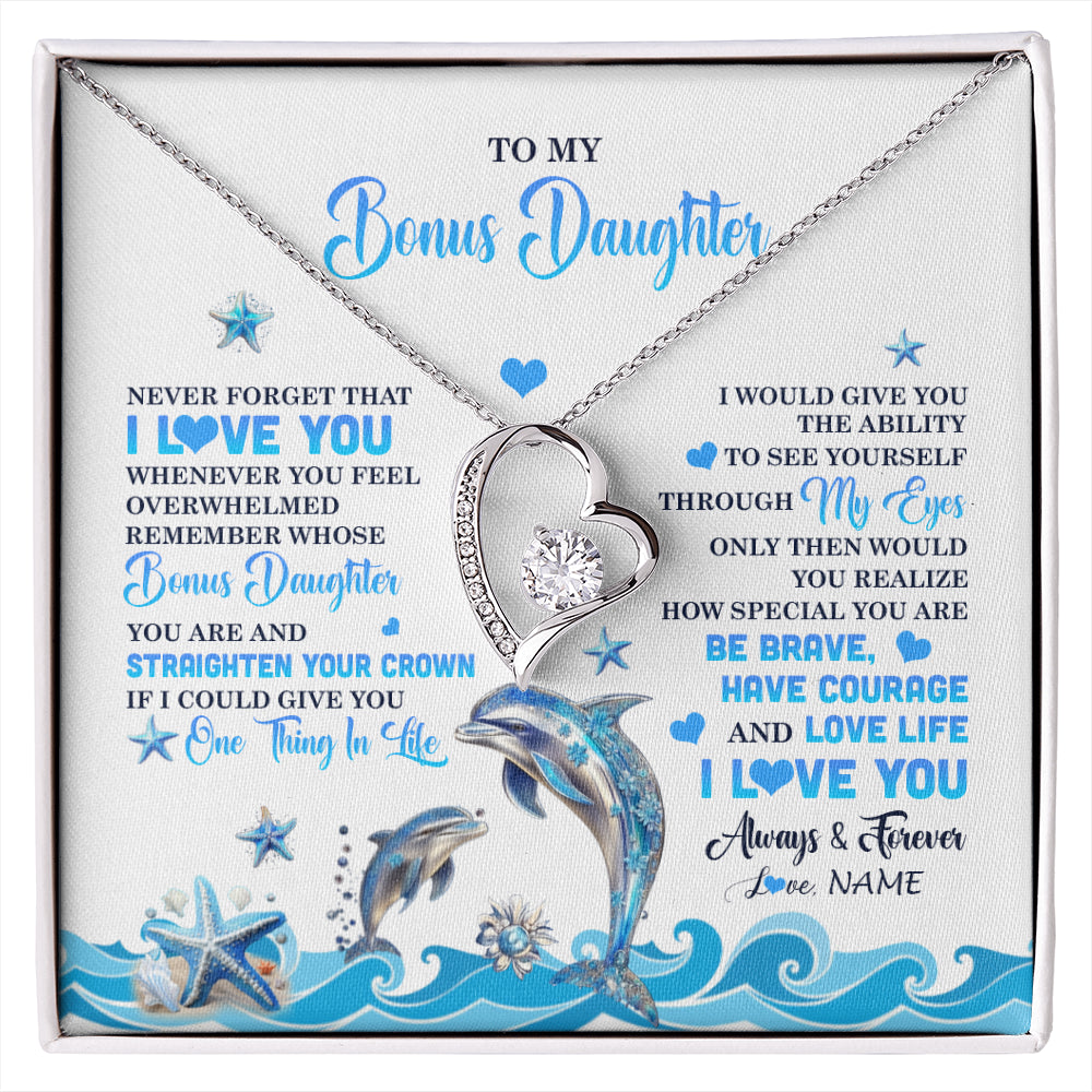 Forever Love Necklace 14K White Gold Finish | 1 | Personalized To My Bonus Daughter Necklace From Stepdmom Dophin Never Forget I Love You Stepddaughter Birthday Gifts Christmas Customized Gift Box Message Card | siriusteestore