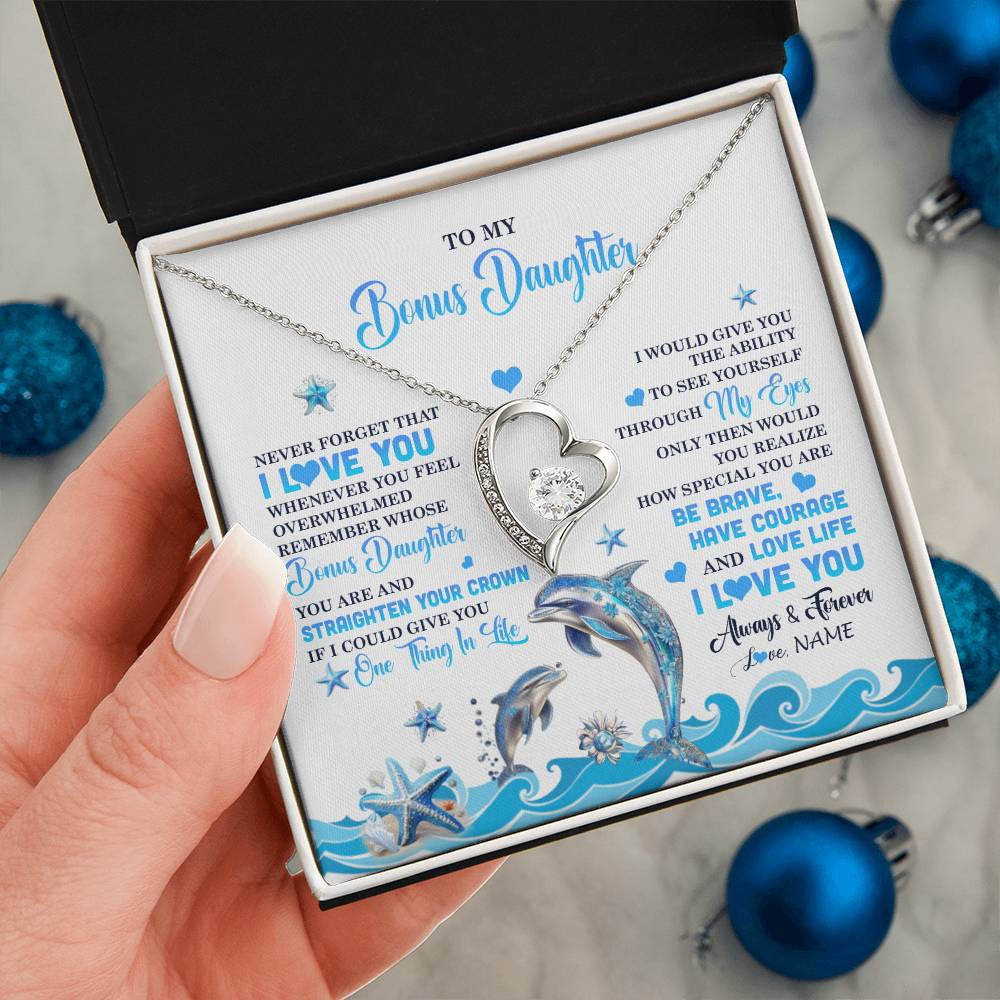 Forever Love Necklace 14K White Gold Finish | 2 | Personalized To My Bonus Daughter Necklace From Stepdmom Dophin Never Forget I Love You Stepddaughter Birthday Gifts Christmas Customized Gift Box Message Card | siriusteestore