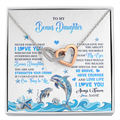 Interlocking Hearts Necklace Stainless Steel & Rose Gold Finish | 1 | Personalized To My Bonus Daughter Necklace From Stepdmom Dophin Never Forget I Love You Stepddaughter Birthday Gifts Christmas Customized Gift Box Message Card | siriusteestore