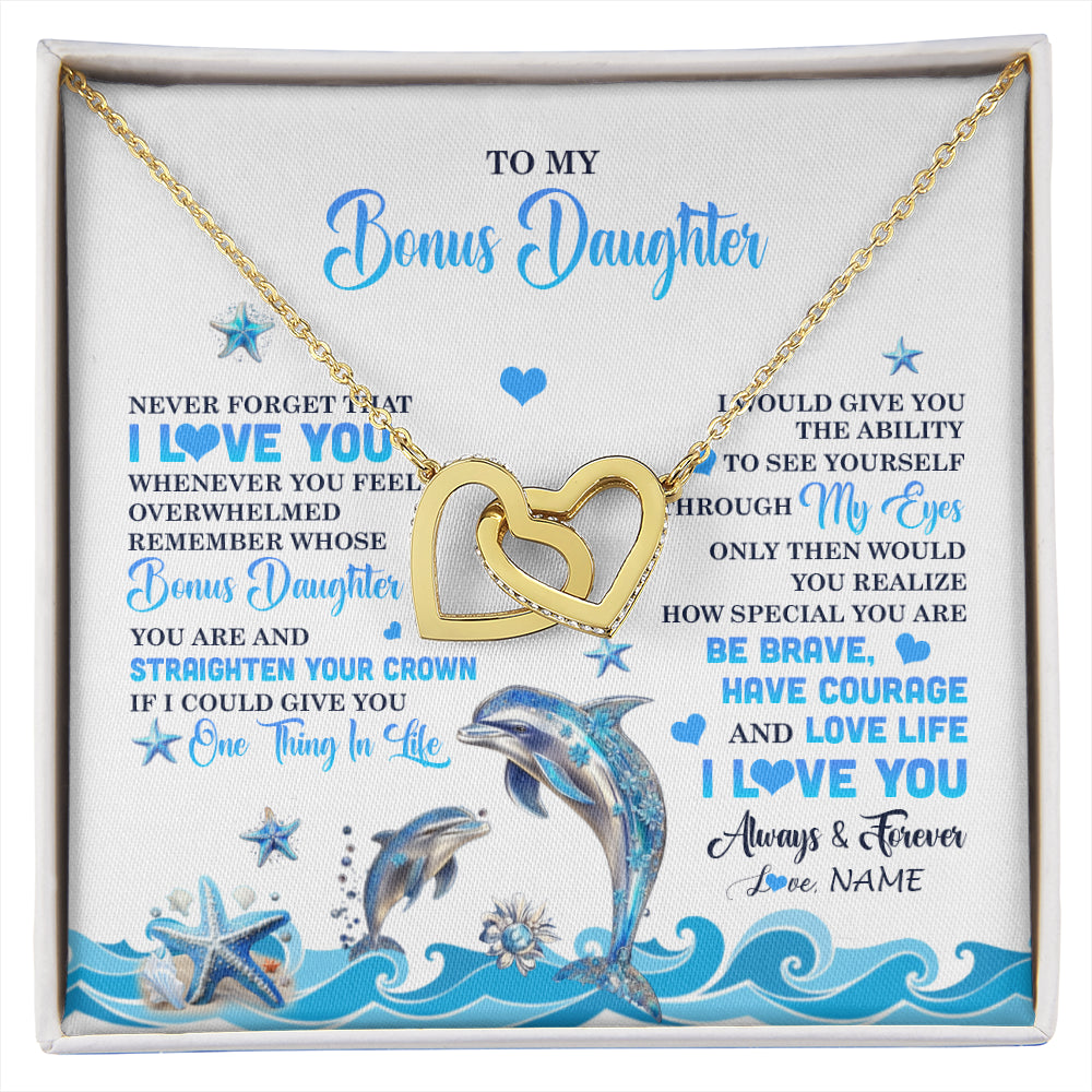 Interlocking Hearts Necklace 18K Yellow Gold Finish | 1 | Personalized To My Bonus Daughter Necklace From Stepdmom Dophin Never Forget I Love You Stepddaughter Birthday Gifts Christmas Customized Gift Box Message Card | siriusteestore