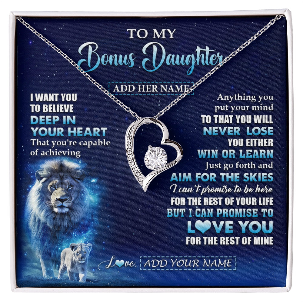 Forever Love Necklace 14K White Gold Finish | 1 | Personalized To My Bonus Daughter Necklace From Stepfather Believe Your Heart Stepdaughter Gift Birthday Graduation Christmas Customized Gift Box Message Card | siriusteestore.myshopify