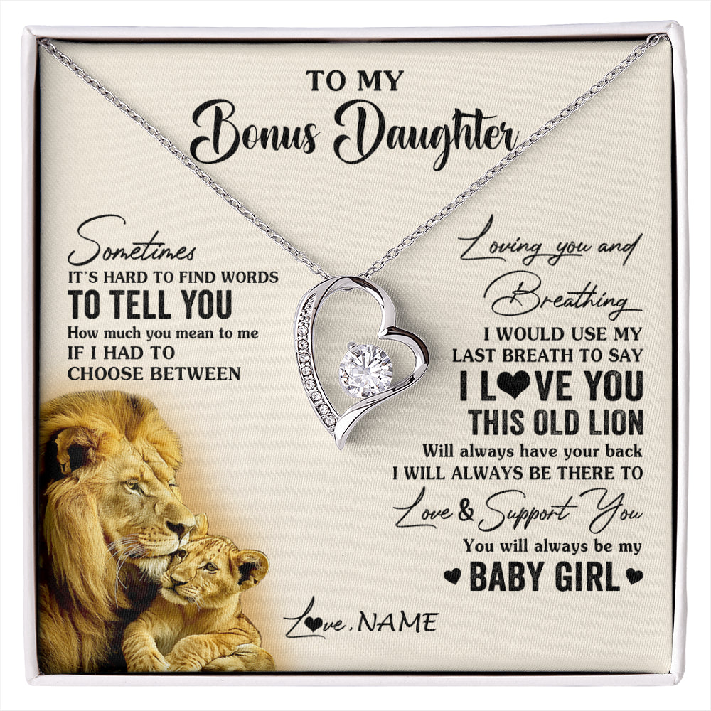 Forever Love Necklace 14K White Gold Finish | 1 | Personalized To My Bonus Daughter Necklace From Stepfather I Love You This Old Lion Stepdaughter Birthday Christmas Customized Gift Box Message Card | siriusteestore