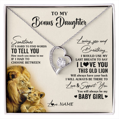 Forever Love Necklace 14K White Gold Finish | 1 | Personalized To My Bonus Daughter Necklace From Stepfather I Love You This Old Lion Stepdaughter Birthday Christmas Customized Gift Box Message Card | siriusteestore