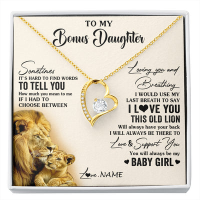 Forever Love Necklace 18K Yellow Gold Finish | 1 | Personalized To My Bonus Daughter Necklace From Stepfather I Love You This Old Lion Stepdaughter Birthday Christmas Customized Gift Box Message Card | siriusteestore