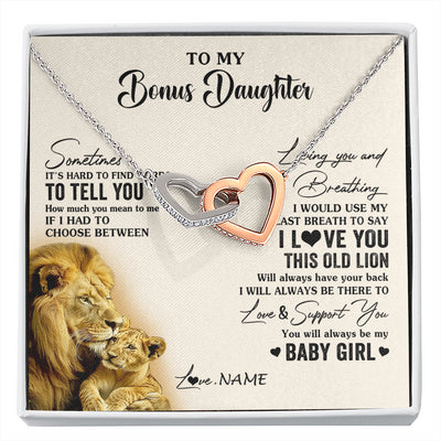Interlocking Hearts Necklace Stainless Steel & Rose Gold Finish | 1 | Personalized To My Bonus Daughter Necklace From Stepfather I Love You This Old Lion Stepdaughter Birthday Christmas Customized Gift Box Message Card | siriusteestore