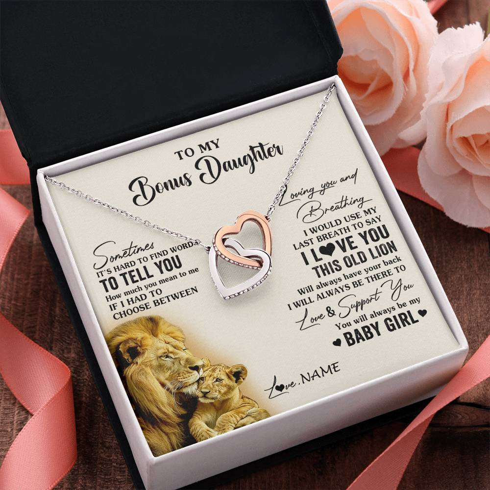 Interlocking Hearts Necklace Stainless Steel & Rose Gold Finish | 2 | Personalized To My Bonus Daughter Necklace From Stepfather I Love You This Old Lion Stepdaughter Birthday Christmas Customized Gift Box Message Card | siriusteestore