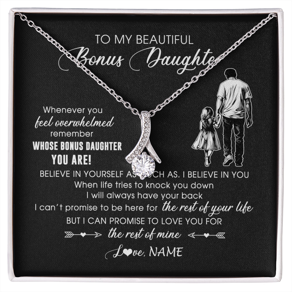 Alluring Beauty Necklace 14K White Gold Finish | 1 | Personalized To My Bonus Daughter Necklace From Stepfather Whenever You Feel Overwhelmed Stepdaughter Jewelry Birthday Christmas Customized Message Card | siriusteestore