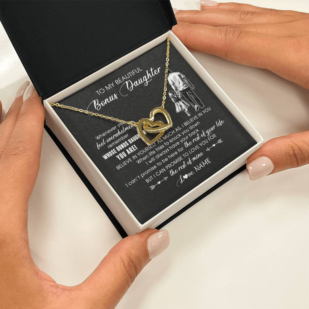 Interlocking Hearts Necklace 18K Yellow Gold Finish | 2 | Personalized To My Bonus Daughter Necklace From Stepfather Whenever You Feel Overwhelmed Stepdaughter Jewelry Birthday Christmas Customized Message Card | siriusteestore