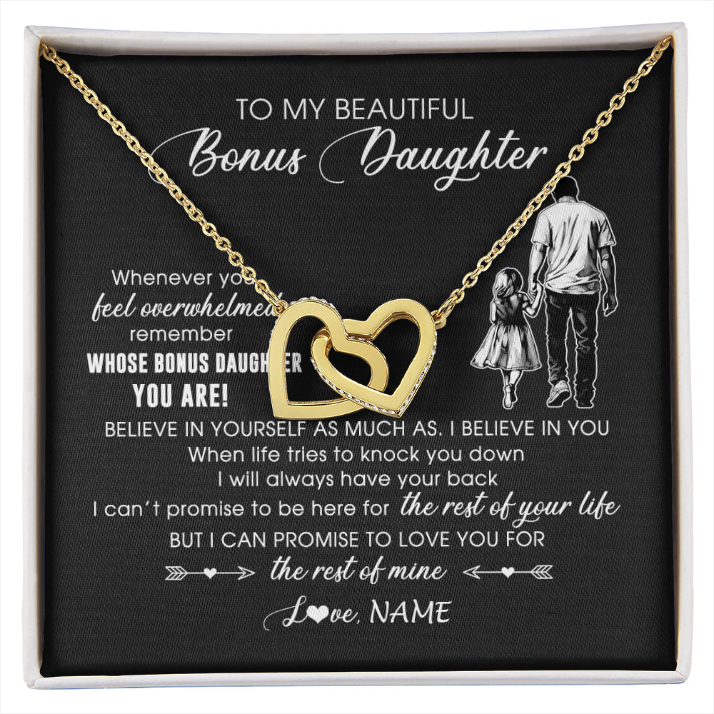 Interlocking Hearts Necklace 18K Yellow Gold Finish | 1 | Personalized To My Bonus Daughter Necklace From Stepfather Whenever You Feel Overwhelmed Stepdaughter Jewelry Birthday Christmas Customized Message Card | siriusteestore