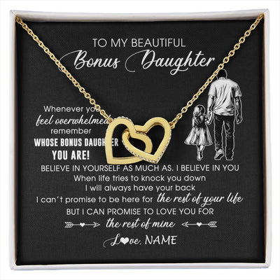 Interlocking Hearts Necklace 18K Yellow Gold Finish | 1 | Personalized To My Bonus Daughter Necklace From Stepfather Whenever You Feel Overwhelmed Stepdaughter Jewelry Birthday Christmas Customized Message Card | siriusteestore