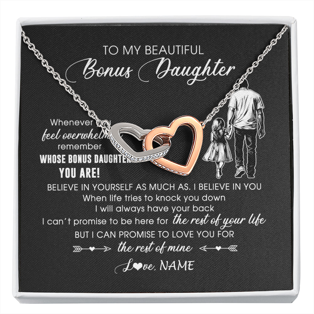 Interlocking Hearts Necklace Stainless Steel & Rose Gold Finish | 1 | Personalized To My Bonus Daughter Necklace From Stepfather Whenever You Feel Overwhelmed Stepdaughter Jewelry Birthday Christmas Customized Message Card | siriusteestore