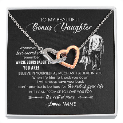 Interlocking Hearts Necklace Stainless Steel & Rose Gold Finish | 1 | Personalized To My Bonus Daughter Necklace From Stepfather Whenever You Feel Overwhelmed Stepdaughter Jewelry Birthday Christmas Customized Message Card | siriusteestore