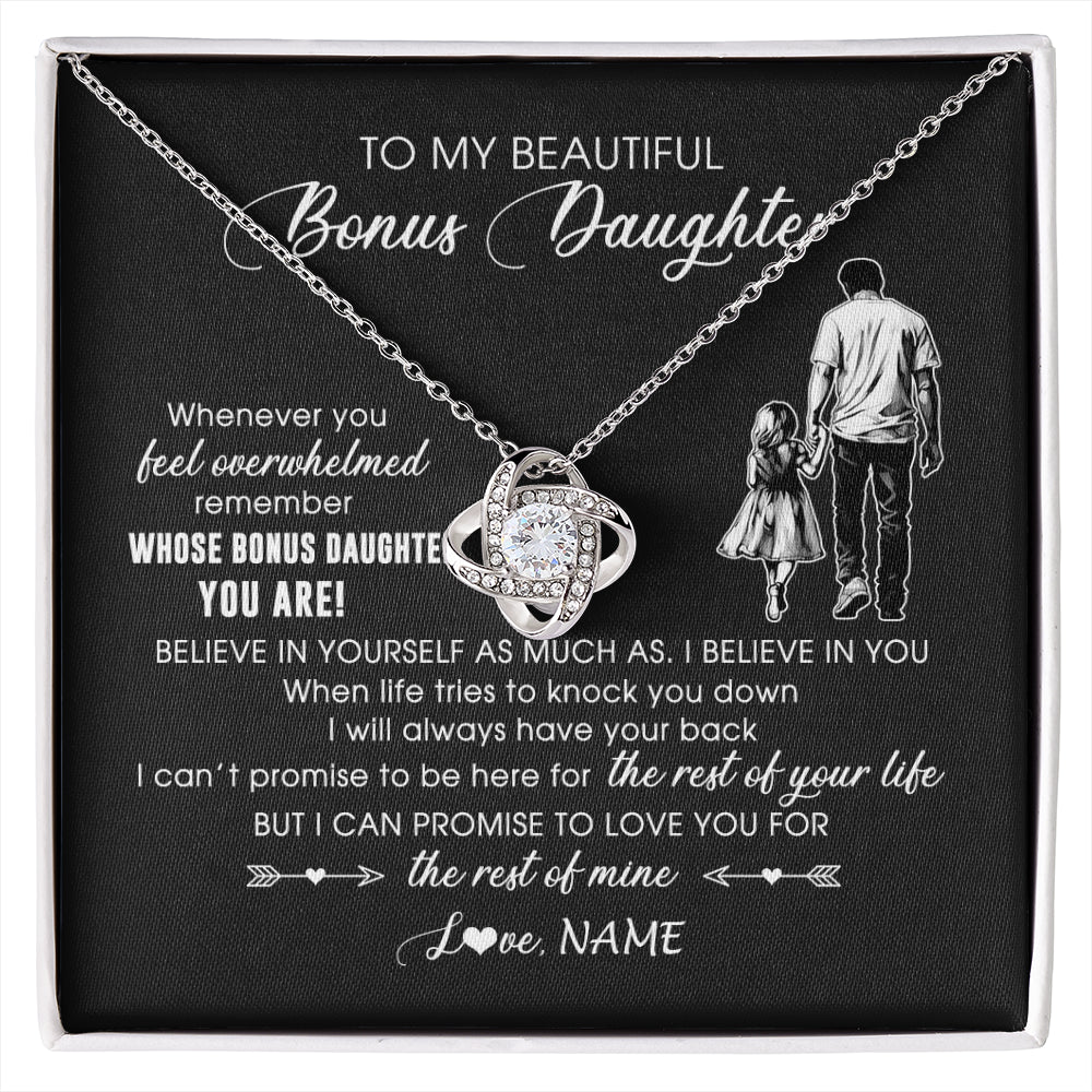 Love Knot Necklace 14K White Gold Finish | 1 | Personalized To My Bonus Daughter Necklace From Stepfather Whenever You Feel Overwhelmed Stepdaughter Jewelry Birthday Christmas Customized Message Card | siriusteestore