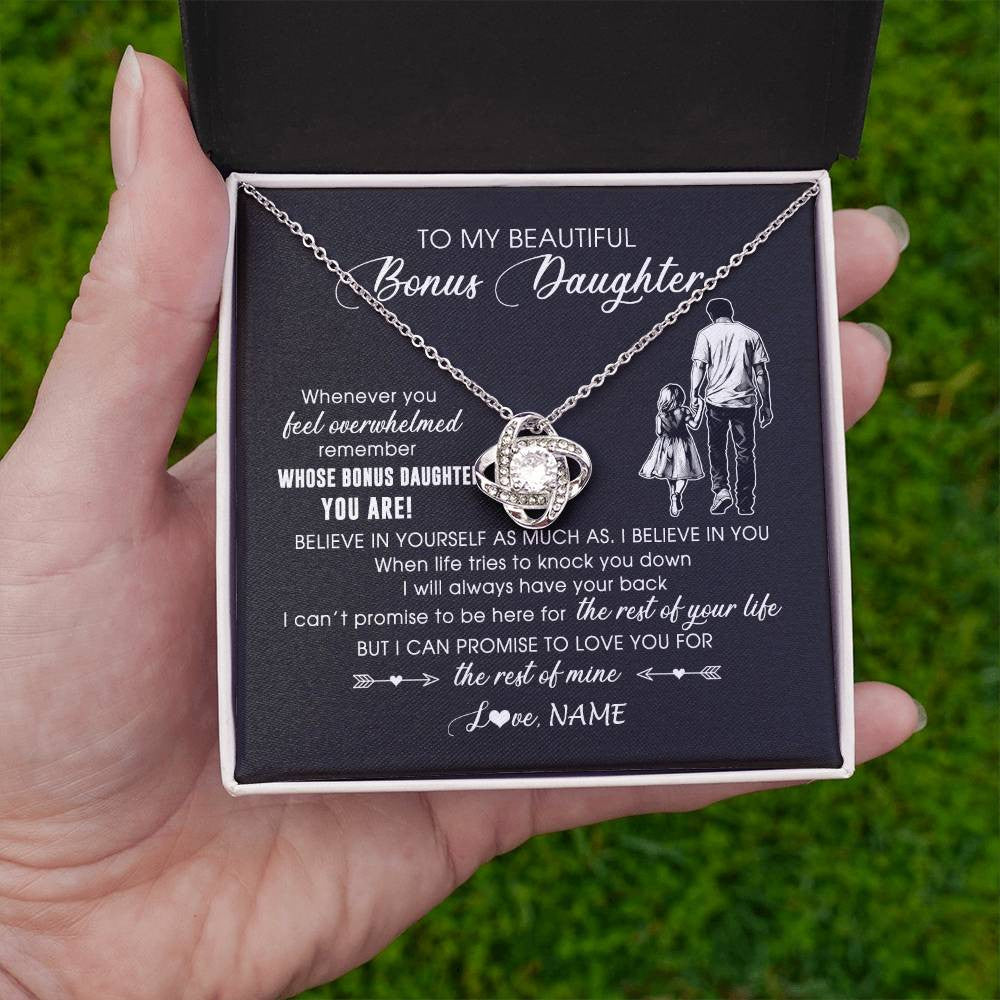 Love Knot Necklace 14K White Gold Finish | 2 | Personalized To My Bonus Daughter Necklace From Stepfather Whenever You Feel Overwhelmed Stepdaughter Jewelry Birthday Christmas Customized Message Card | siriusteestore