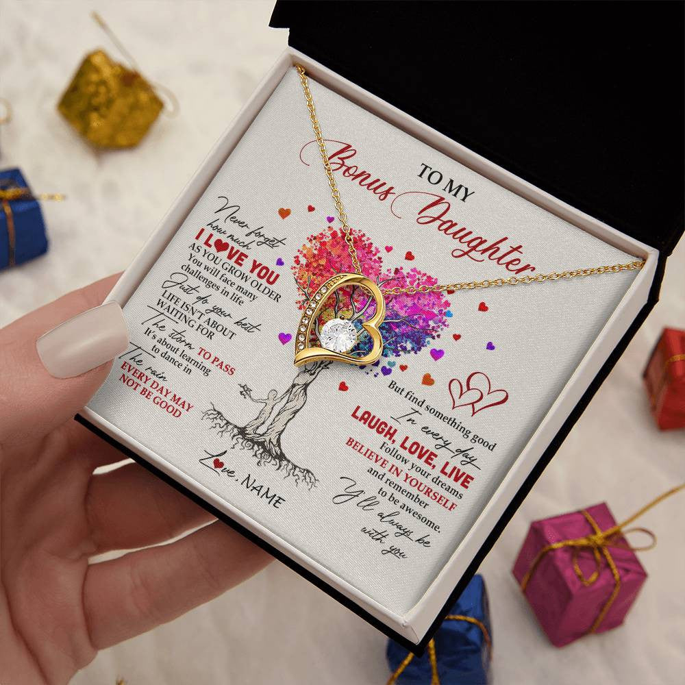 Forever Love Necklace 18K Yellow Gold Finish | 2 | Personalized To My Bonus Daughter Necklace From Stepmom Colorful Tree Never Forget I Love You Stepdaughter Birthday Christmas Customized Gift Box Message Card | siriusteestore