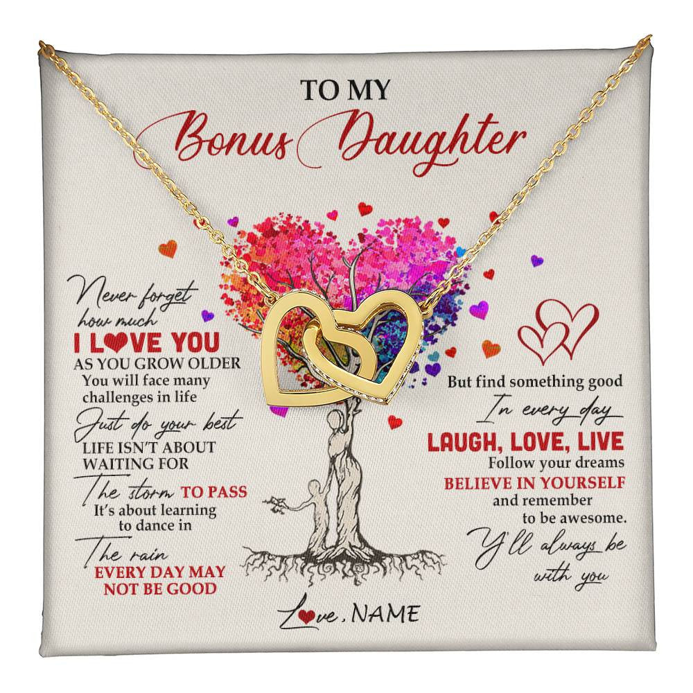 Interlocking Hearts Necklace 18K Yellow Gold Finish | 1 | Personalized To My Bonus Daughter Necklace From Stepmom Colorful Tree Never Forget I Love You Stepdaughter Birthday Christmas Customized Gift Box Message Card | siriusteestore