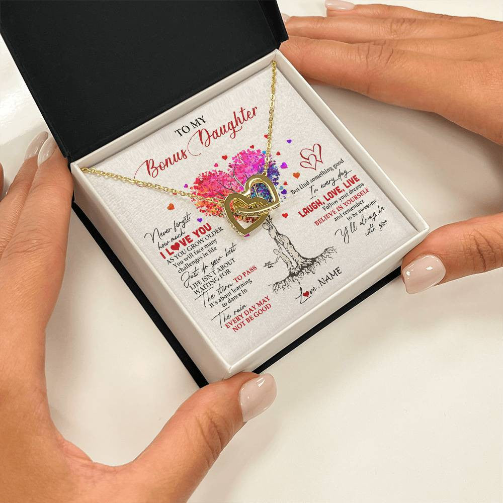 Interlocking Hearts Necklace 18K Yellow Gold Finish | 2 | Personalized To My Bonus Daughter Necklace From Stepmom Colorful Tree Never Forget I Love You Stepdaughter Birthday Christmas Customized Gift Box Message Card | siriusteestore