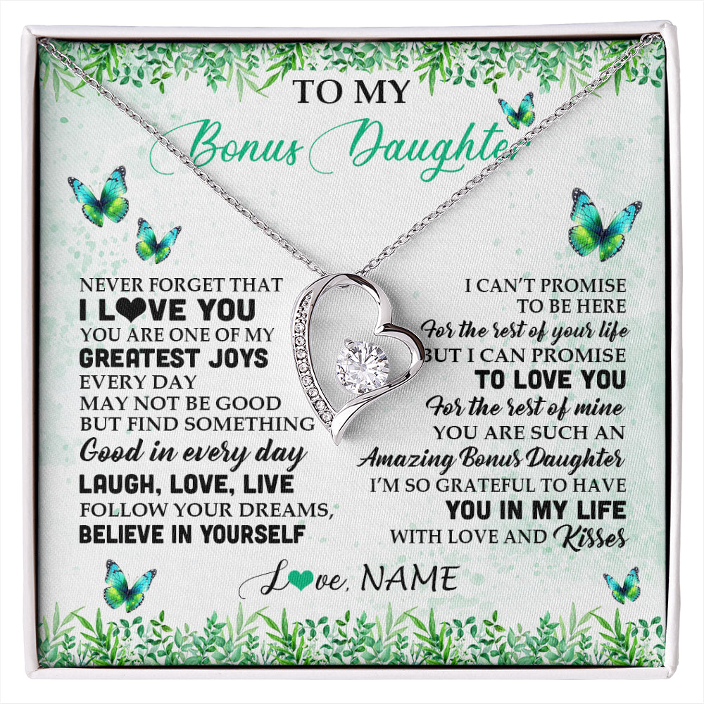 Forever Love Necklace 14K White Gold Finish | 1 | Personalized To My Bonus Daughter Necklace From Stepmom Dad Butterfly Laugh Love Live Birthday Motivational Quote Christmas Customized Gift Box Message Card | siriusteestore