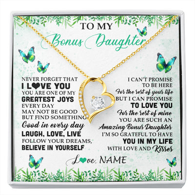 Forever Love Necklace 18K Yellow Gold Finish | 1 | Personalized To My Bonus Daughter Necklace From Stepmom Dad Butterfly Laugh Love Live Birthday Motivational Quote Christmas Customized Gift Box Message Card | siriusteestore