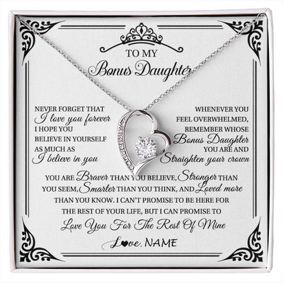 Forever Love Necklace 14K White Gold Finish | 1 | Personalized To My Bonus Daughter Necklace From Stepmom Dad I Love You Forever Stepddaughter Birthday Valentines Day Christmas Customized Gift Box Message Card | siriusteestore