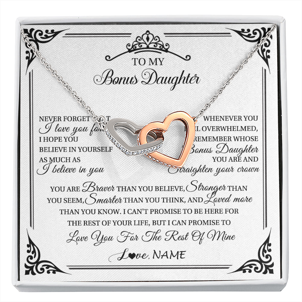 Interlocking Hearts Necklace Stainless Steel & Rose Gold Finish | 1 | Personalized To My Bonus Daughter Necklace From Stepmom Dad I Love You Forever Stepddaughter Birthday Valentines Day Christmas Customized Gift Box Message Card | siriusteestore