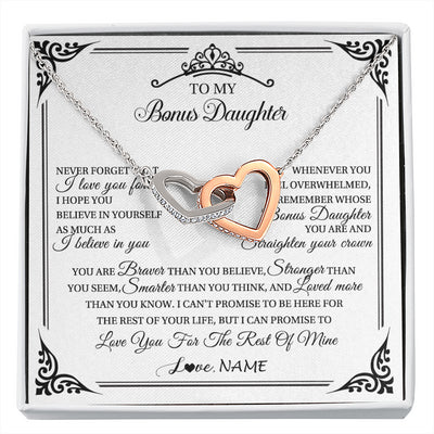 Interlocking Hearts Necklace Stainless Steel & Rose Gold Finish | 1 | Personalized To My Bonus Daughter Necklace From Stepmom Dad I Love You Forever Stepddaughter Birthday Valentines Day Christmas Customized Gift Box Message Card | siriusteestore