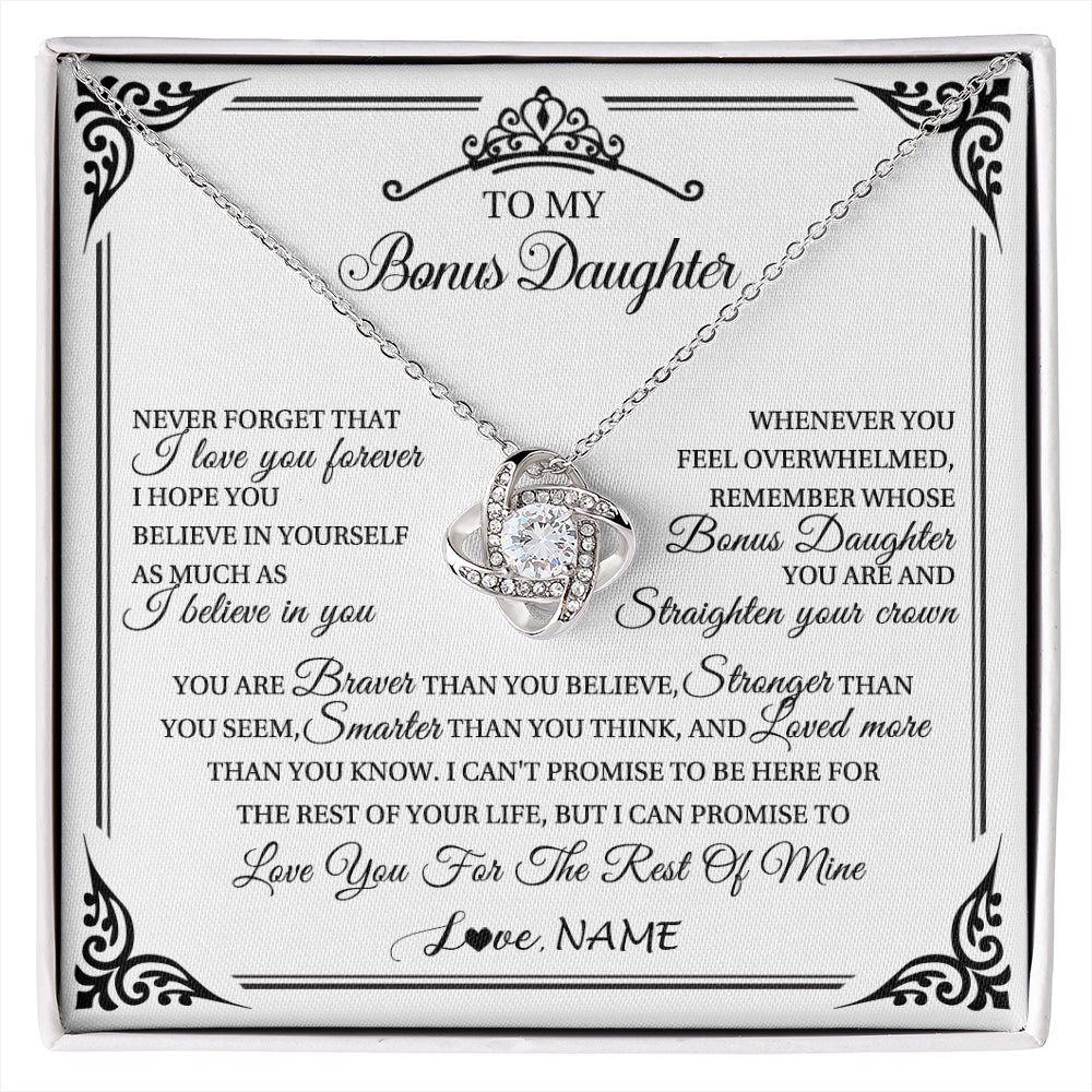 Love Knot Necklace 14K White Gold Finish | 1 | Personalized To My Bonus Daughter Necklace From Stepmom Dad I Love You Forever Stepddaughter Birthday Valentines Day Christmas Customized Gift Box Message Card | siriusteestore