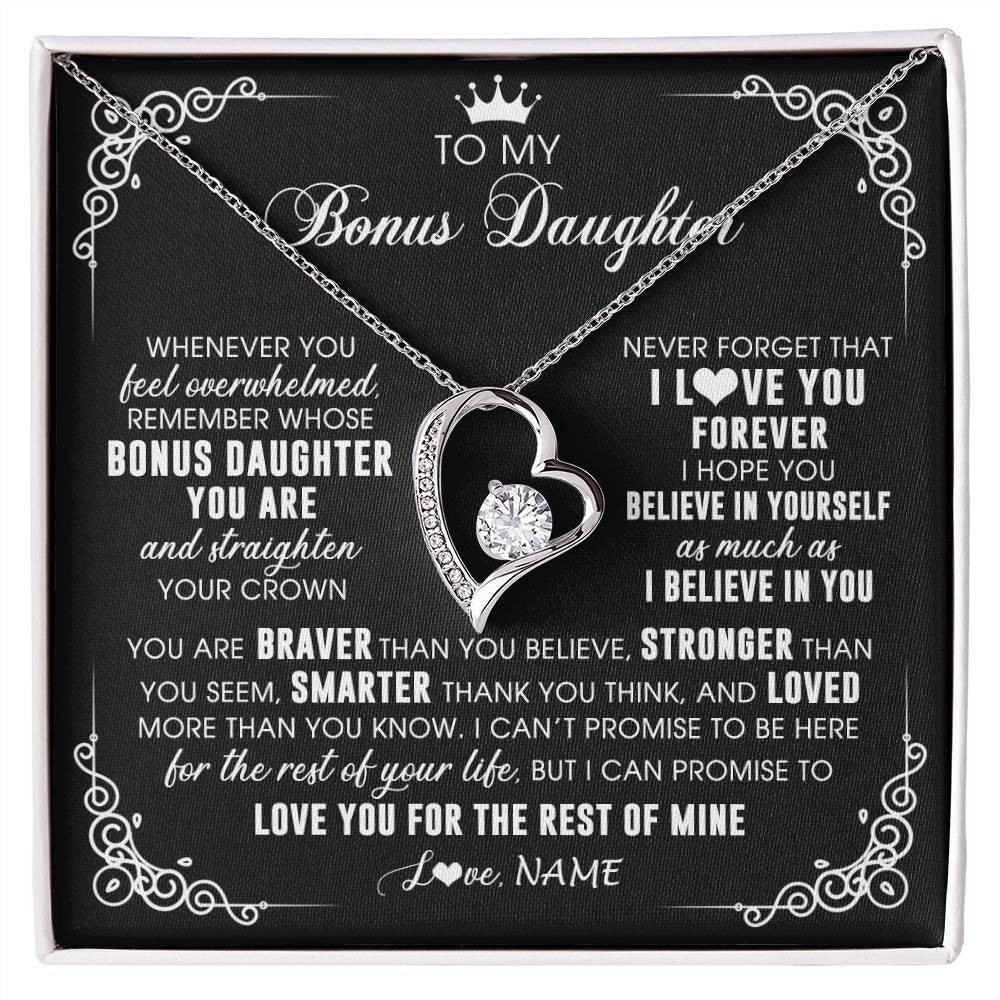 Forever Love Necklace 14K White Gold Finish | 1 | Personalized To My Bonus Daughter Necklace From Stepmom Dad Inspirational Strength Bonus Daughter Birthday Gifts Christmas Customized Gift Box Message Card | siriusteestore