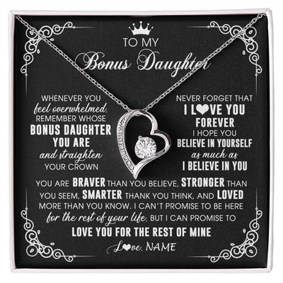 Forever Love Necklace 14K White Gold Finish | 1 | Personalized To My Bonus Daughter Necklace From Stepmom Dad Inspirational Strength Bonus Daughter Birthday Gifts Christmas Customized Gift Box Message Card | siriusteestore