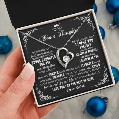 Forever Love Necklace 14K White Gold Finish | 2 | Personalized To My Bonus Daughter Necklace From Stepmom Dad Inspirational Strength Bonus Daughter Birthday Gifts Christmas Customized Gift Box Message Card | siriusteestore
