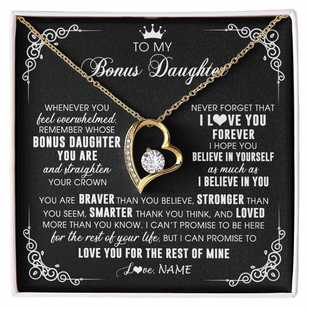 Forever Love Necklace 18K Yellow Gold Finish | 1 | Personalized To My Bonus Daughter Necklace From Stepmom Dad Inspirational Strength Bonus Daughter Birthday Gifts Christmas Customized Gift Box Message Card | siriusteestore