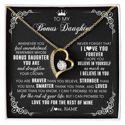 Forever Love Necklace 18K Yellow Gold Finish | 1 | Personalized To My Bonus Daughter Necklace From Stepmom Dad Inspirational Strength Bonus Daughter Birthday Gifts Christmas Customized Gift Box Message Card | siriusteestore