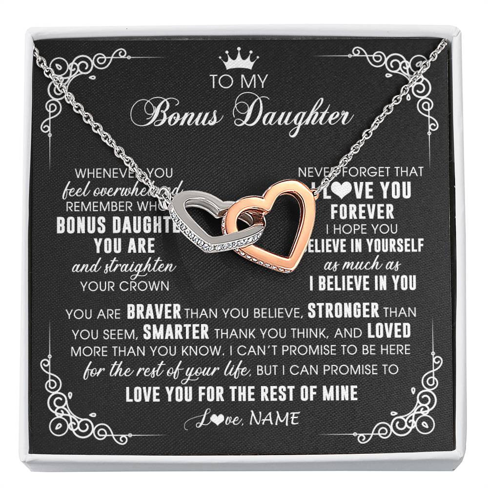 Interlocking Hearts Necklace Stainless Steel & Rose Gold Finish | 1 | Personalized To My Bonus Daughter Necklace From Stepmom Dad Inspirational Strength Bonus Daughter Birthday Gifts Christmas Customized Gift Box Message Card | siriusteestore