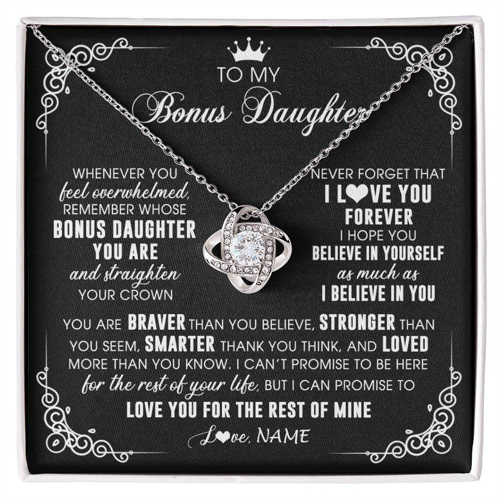 Love Knot Necklace 14K White Gold Finish | 1 | Personalized To My Bonus Daughter Necklace From Stepmom Dad Inspirational Strength Bonus Daughter Birthday Gifts Christmas Customized Gift Box Message Card | siriusteestore