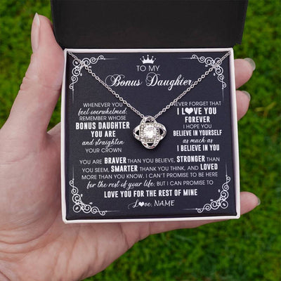 Love Knot Necklace 14K White Gold Finish | 2 | Personalized To My Bonus Daughter Necklace From Stepmom Dad Inspirational Strength Bonus Daughter Birthday Gifts Christmas Customized Gift Box Message Card | siriusteestore