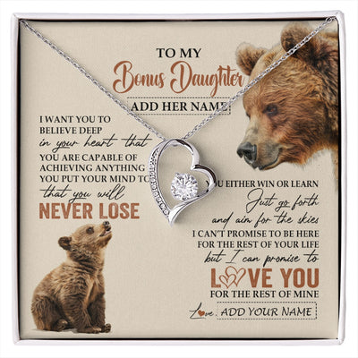 Forever Love Necklace 14K White Gold Finish | 1 | Personalized To My Bonus Daughter Necklace From Stepmom Dad You Will Never Lose Bear Stepdaughter Birthday Gifts Graduation Christmas Gift Box Message Card | siriusteestore.myshopify