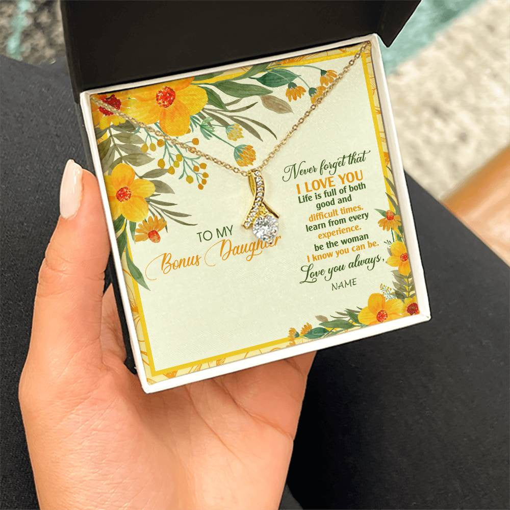Alluring Beauty Necklace 18K Yellow Gold Finish | Personalized To My Bonus Daughter Necklace From Stepmom Flower Never Forget That I Love You Stepdaughter Birthday Christmas Customized Gift Box Message Card | siriusteestore